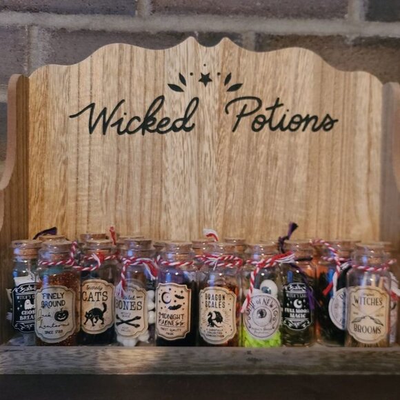 WICKED POTIONS Shelf w/ 20 "Potions" Halloween - Picture 1 of 5